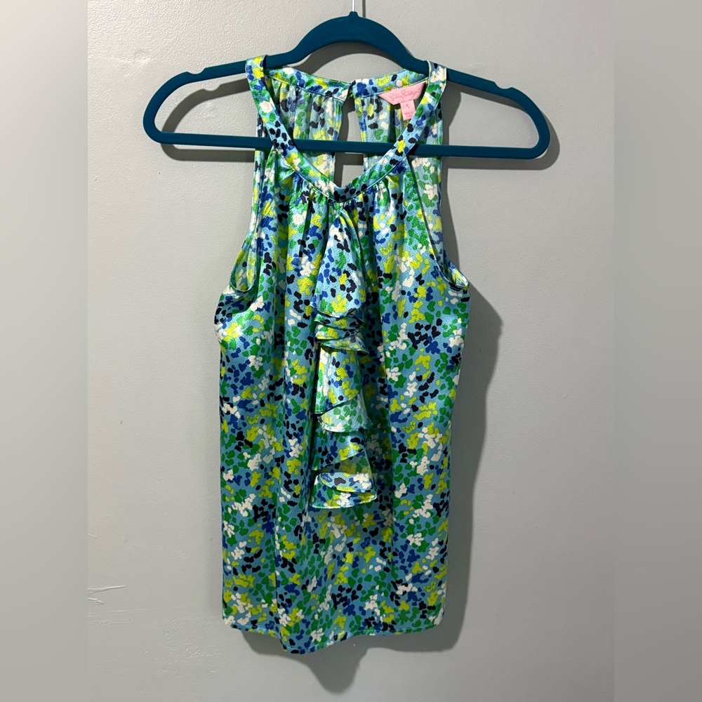 Lilly Pulitzer Oops I Spilled It Again Silk Tank Top Blue Green Ruffle Womens‎ 4